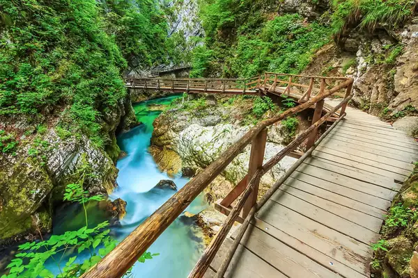The wooden walkway of the Vintgar gorge pinned to the rock above turquoise water