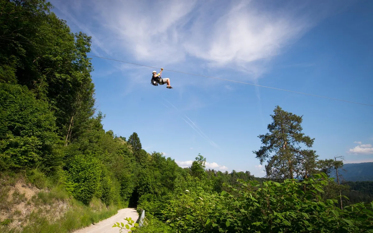 A rider hanging from a zipline cable high above a wooded slope near Bled